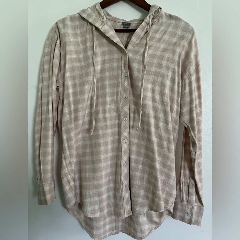 aerie Oversized Lightweight Button Down Plaid Tan/White Hoodie, NWT, Size XS